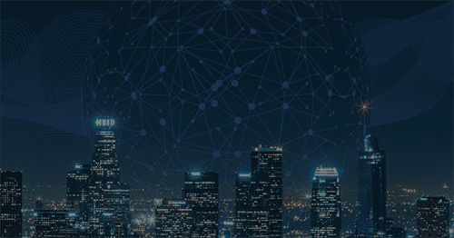 Webinar Banner Copy 500 Cityscape with molecule nodes in the sky